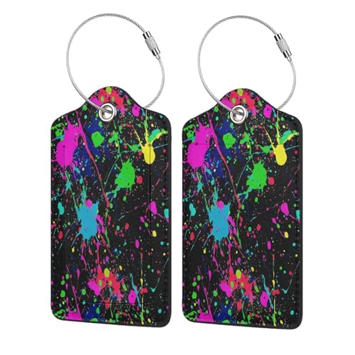 Vibrant Paint Splashes Personalized Leather Luggage Tags with Stainless Steel Loop for Women Men Kids 4 Pcs