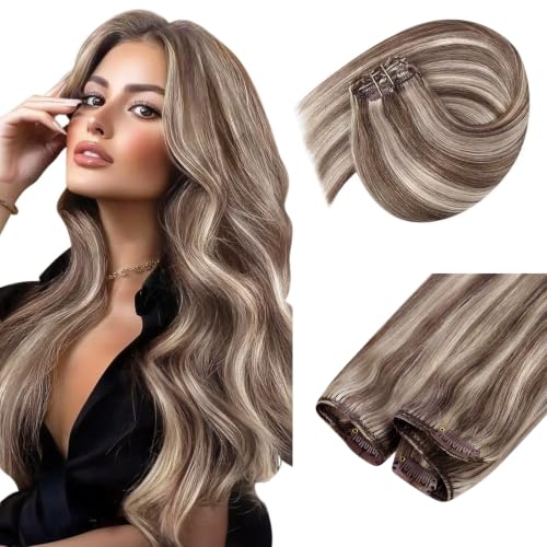 Image of Sunny Hair Clip in Hair Extensions Real Human Hair Highlight Brown Blonde | Remy Human Hair Extensions Clip ins with Secure Clips, Beginner Friendly, Lightweight Comfort for Fine Hair 12inch 85g