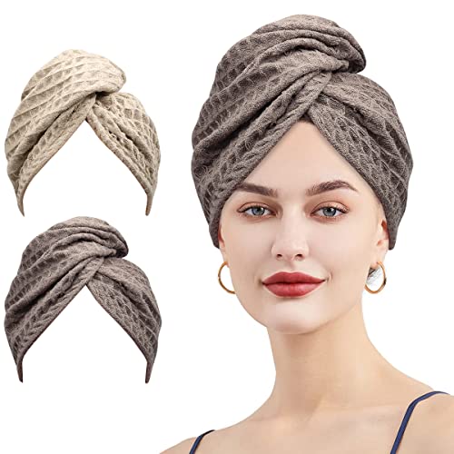 REETEE Toalla Pelo Secado Rapido 2 Piezas Toalla Microfibra Pelo, Absorbente Toallas para Secar el Pelo con Botón Toallas Pelo Suave Absorbentes para Todos los Tipos de Cabello (Two Colors) Cover