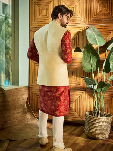 Image of SOJANYA (Since 1958 Men's Silk Blend Printed Maroon Kurta & Beige embroidery Nehru Jacket With Off White Churidar Pyjama