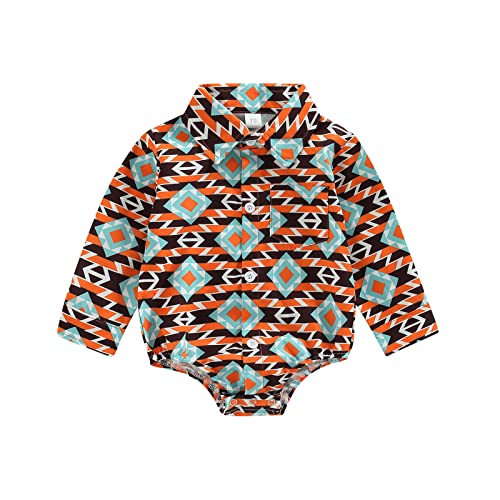 Image of Karuedoo Western Baby Boy Clothes Cow Print Shirt Romper Infant Long Sleeve Button Down Bodysuit Onesie Gentleman Outfit (B Orange Stripes, 6-12 Months)