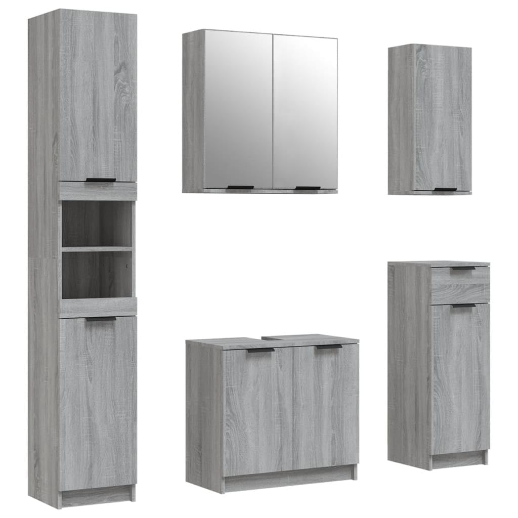 Sonoma - Mobili da bagno, 5 pezzi, colore: Grigio legno di ingegneria, armadio per bagno, piccoli spazi