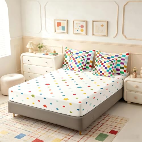 Image of Feelyou Colorful Checkered Retro 7 Piece Bedding Set Kids Boys Girls Modern Geometric Cute Comforter Set with Sheets Full Size Beige Colorful Bed in a Bag Vintage Simple Groovy Aesthetic Room Decor