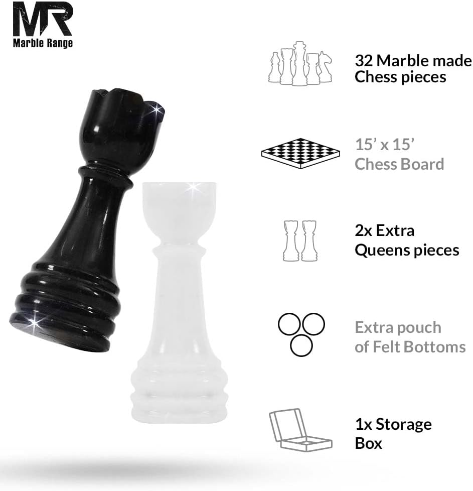 Marble Chess Set for Adults 15" Handmade White & Black Board Game with 32 Chess Pieces, 2 Extra Queens & Storage Box, Luxury Travel Game – Elegant Home Décor