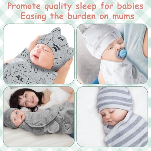 Image of Ramede 6-Pack Preemie Baby Swaddle Blankets with Hats, Breathable 100% Cotton Baby Swaddles, Suitable for Preemie Babies and Newborns, Soft Cotton, Adjustable(Star,Grey)