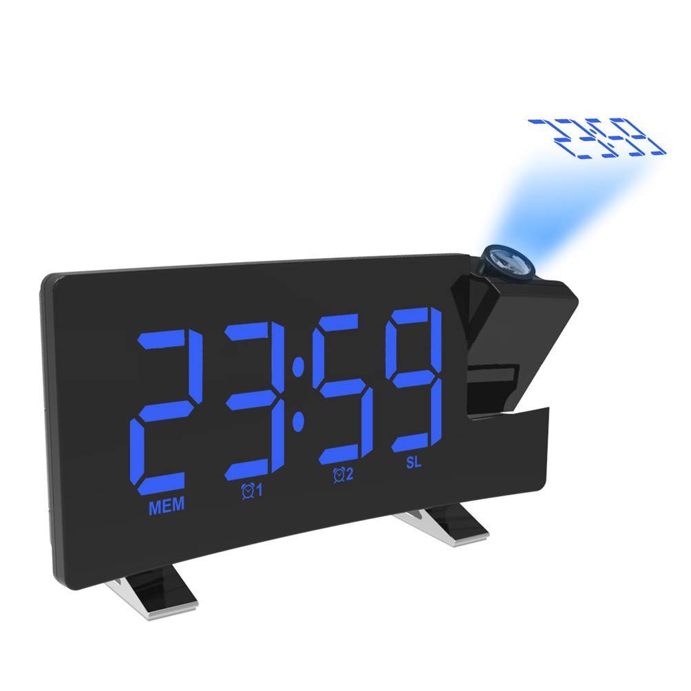 Réveil avec Projection Radio, Grand écran LED avec réglage Automatique de l'intensité de l'horloge numérique, Horloge électronique avec Radio, minuterie de Mise en Veille, projecteur 180 °,