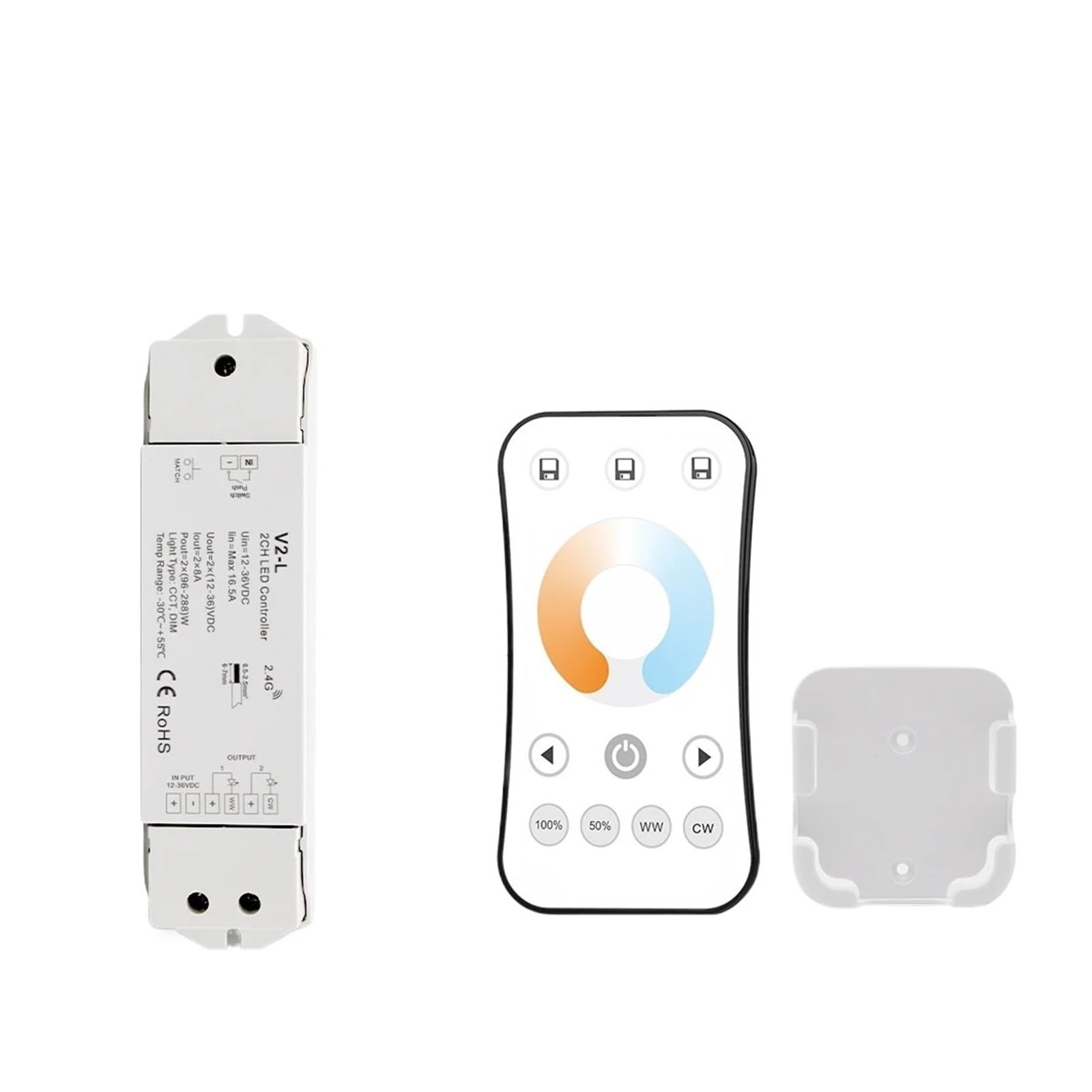 Kontroler 12V 24V 36V 2CH 16A 2,4G bezprzewodowy pilot zdalnego sterowania RF przełącznik ściemniacza LED do białych podwójnych pasków świetlnych CCT(V2-L i R7-1 zestaw)