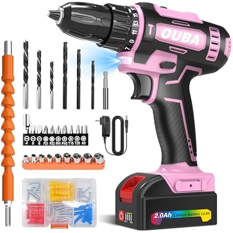 OUBA Cordless Drill Set, 12.8V Lithium Lon Power Drill Cordless with Battery and Charger, 2 Variable Speeds, 3/8" Keyless Chuck, 25+3 Torque Setting, Built-In LED, Electric Drills for Home (Pink) Cover