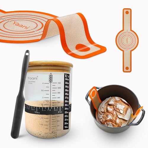 YAANI Bocal de démarrage de levain à large ouverture de 1500 ml, écharpe à pain en silicone, pot de levain de 1500 ml avec bande d'alimentation marquée de date, thermomètre, spatule à mélanger, kit