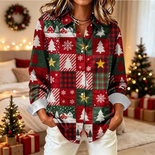 Christmas Shirts for Women Long Sleeve Lapel Button Down Xmas Party Shirts - image 2