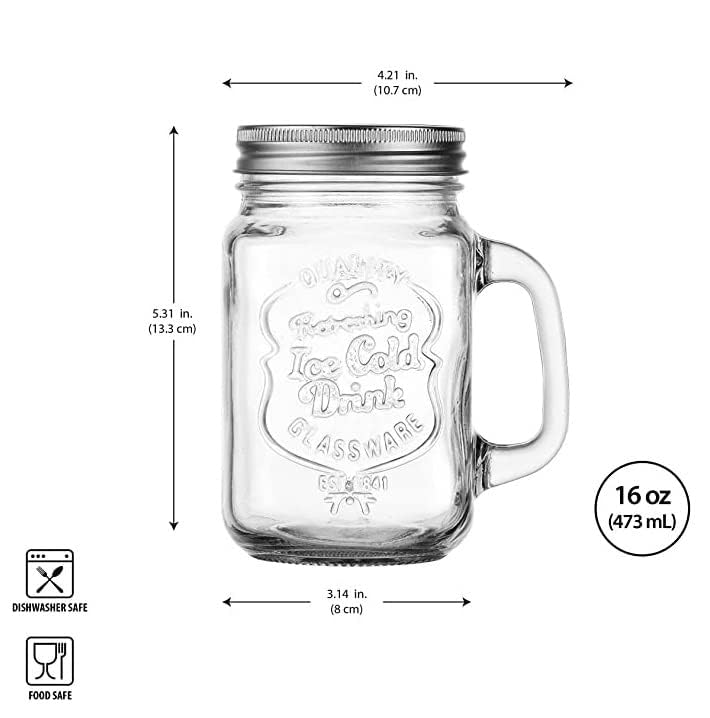 Image of SAVE Mason Jar With Stainless Steel Straw And Handle And 2 Lids | 1 Lid With Hole And 1 Without Hole | Stylish Embossing Design | 450 Ml | Multicolour Lid With Hole (Bent Straw, Clear)