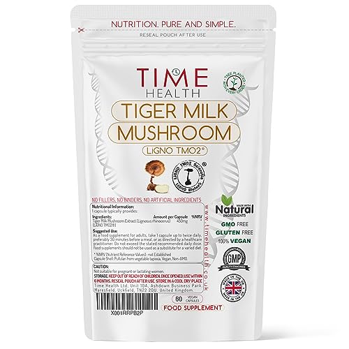 Tiger Milk Mushroom - 60 Capsules - 450mg Extract - LiGNO TM02 - >30% Polysaccharides - Lignosus rhinocerus - GMP - Vegan Supplement - No Synthetic Additives - Time Health