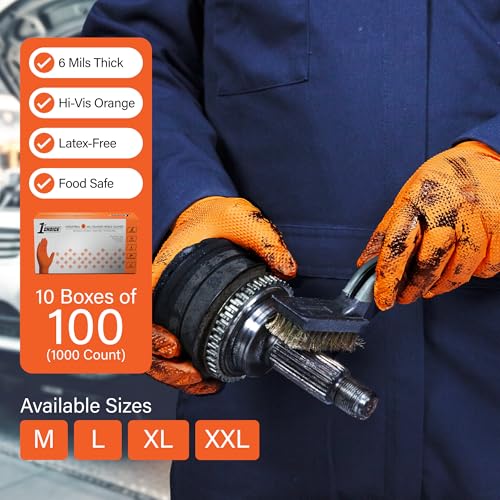 Image of 1st Choice Orange 6 mil Nitrile Disposable Gloves Diamond Grip Medium 1000 | Bulk Purchasing Options, Medium Duty Gloves for Mechanics, Business, and Household Tasks, Food Safe and Chemical Resistant