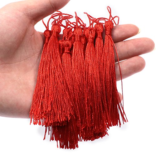 Image of VAPKER 100 Pieces Red Tassels 13cm /5-Inch Silky Handmade Soft Tassels Floss Bookmark Tassels with 2-Inch Cord Loop for Jewelry Making, DIY Projects, Bookmarks