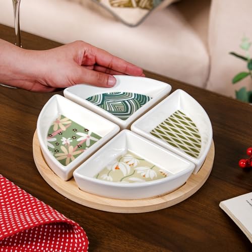 Image of Nestasia Ceramic Serving Platter Set | 4 Small Sectioned Plates with 1 Circular Wooden Tray | 100% Food Safe Serving Tray Set - Perfect for Serving Sweets, Dips, Dry Fruits & Snacks (Green & White)