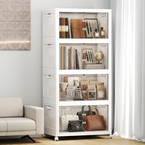 Image of Stackable Storage Bins with Lids, 440QT Lockable Storage Cabinet | Closet Organizers, Foldable Storage Box with Doors and Wheels, Plastic Drawers for Home, Garage, Office (4, White, Plus)