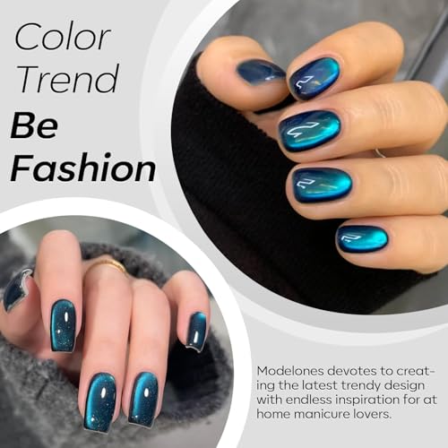 Image of modelones Cat Eye Gel Nail Polish Silk Blue Cat Eye Gel Polish Holographic 9D Glass Glitter Multichrome Polish Peacock Blue Nail Polish with Magnet Soak Off Led 15ML