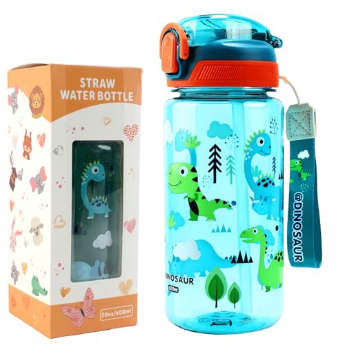 MHwan Gourde Enfant, 600 Ml, Robuste, Incassable, Anti Fuite, Sans BPA, Ouverture par Simple Pression, Facile à Nettoyer, avec Paille, Idéale pour l'École et l'Extérieur