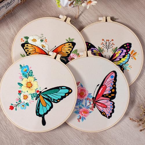 Image of Huacan Embroidery Kits for Adults Beginner Stamped Butterfly Pattern 4 Pcs DIY Cross Stitch Flower Stitching Sewing Kit 7.9 x 7.9 Inch