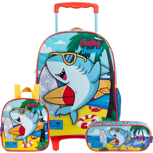 Kit Escolar Infantil Mochila de Rodinhas Tubarão Sharkito Surf Lancheira Térmica Estojo Grande Zíper Estampa Meninos Volta às Aulas