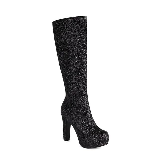 Womens Rhinestone Glitter Sparkly Boots Platform Pointed Toe Knee High Boots Zipper Wedding Party Shoes