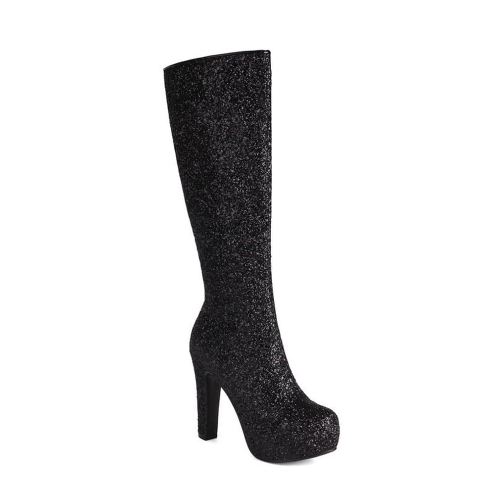 Womens Rhinestone Glitter Sparkly Boots Platform Pointed Toe Knee High Boots Zipper Wedding Party Shoes
