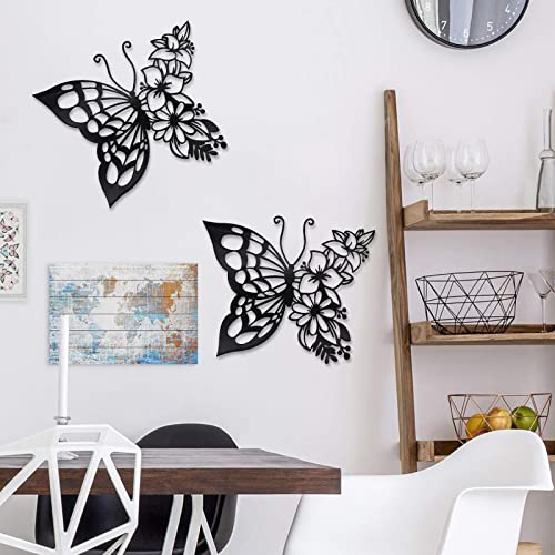 Image of 2PCS Butterfly Decoration Wall Art Boho Wall Home Decor Hanging Appearance Wall Decor Metal Hanging Butterfly Decor Flower Wall Art for Bedroom Living Room Home Wall,Black(Large)