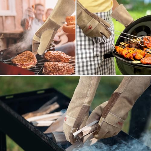 AOUCHI Grillhandschuhe und Schweißhandschuhe aus Rindsleder, langärmelig, feuerfeste und hitzebeständige Kaminhandschuhe für Grill, Schweißen Tig Mig, Kamin, Ofen, Backen, Herd (Kaffee, XL)