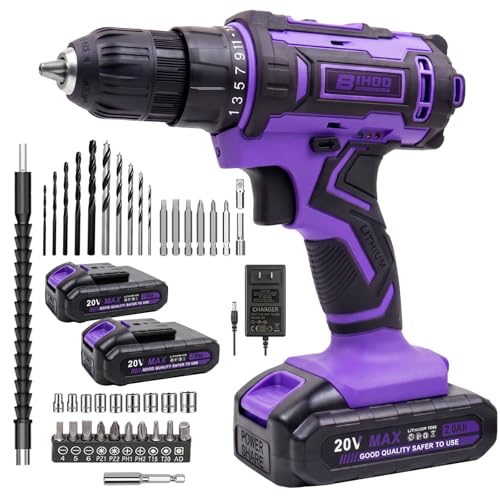Image of Purple 20V Cordless Drill Electric Drill set, Electric Screwdriver with 2 Batteries & Charger, 3 /8 inch Keyless Chuck, 25+1 Torque 2-Speed Hammer Drill, Drill Bits Kit for Home DIY & Woodworking
