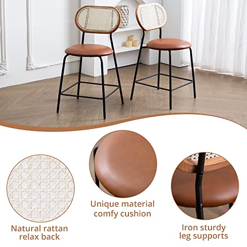 Indoor/Outdoor Faux Leather Bar Stools Set Of 4,Rattan And Wood Backrest With Metal Legs，Modern Upholstered Round Seat Chair Counter Height Barstools For Bistro Home Office Restaurants,24",Red Brown #TOP6