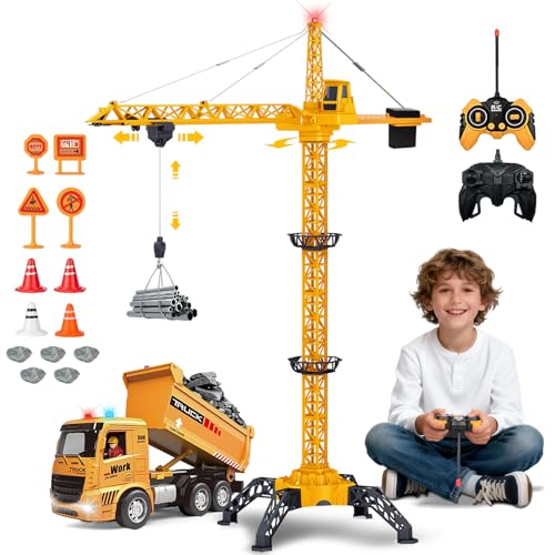 HILKKET Grue à Tour Télécommandée 138 cm, 2,4 GHz RC Grue à Tour Enfant, Gru Crane De Chantier, 680 Degrés de Rotation Gru de Chantier Enfant avec Camion à Benne...