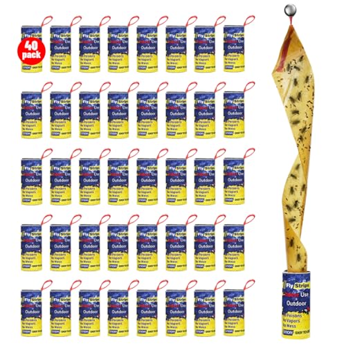 40 Pack Fly Traps Strips Indoor Outdoor Flies Paper Sticky Hanging with Pins Fruit Fly Tape Ribbon Roll for Home Bug & Gnat Catchers for Inside House Fly Killer for Winged Insect Mosquito