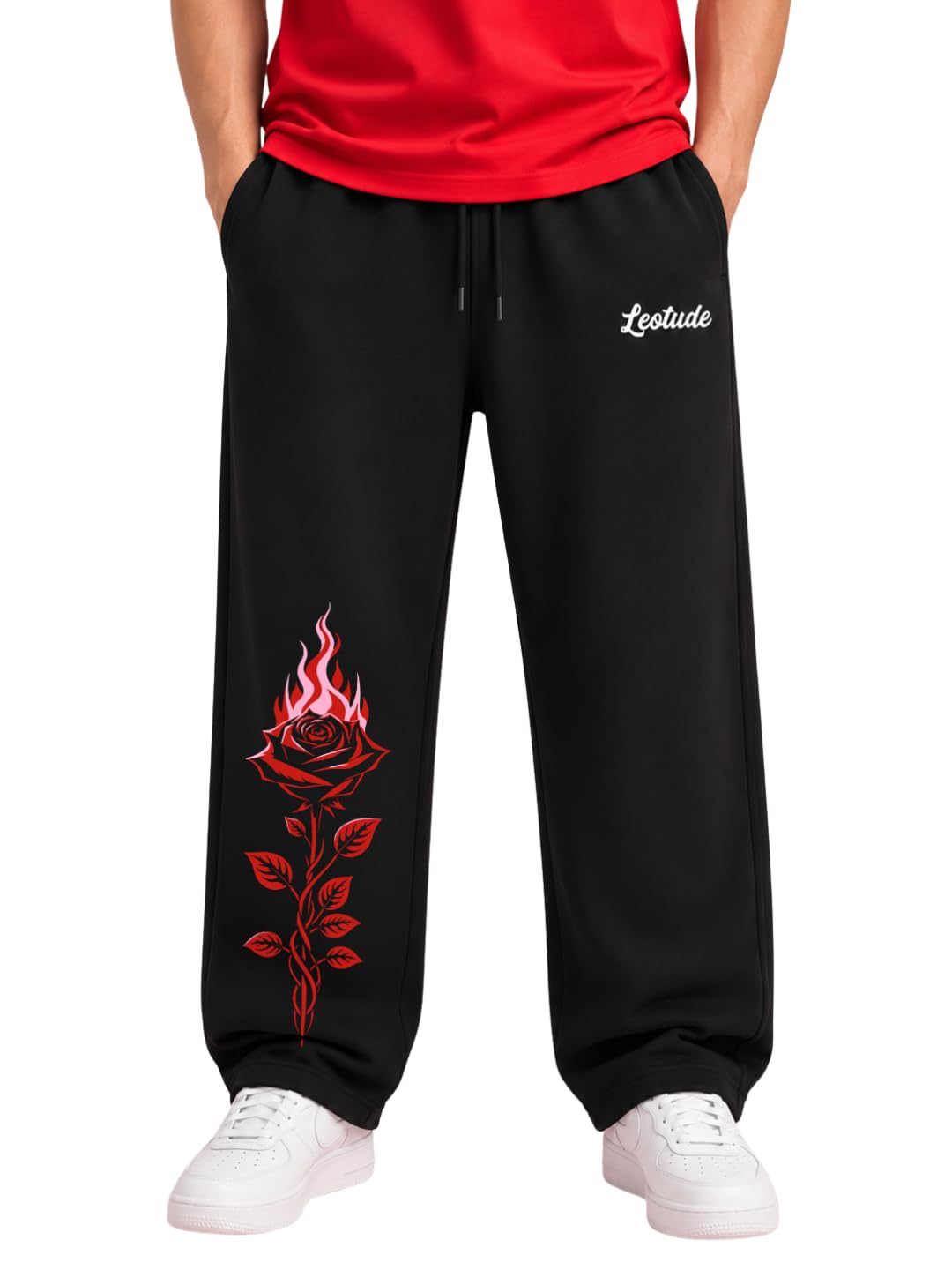 leotude Men's Premium Cotton Printed Baggy Track Pants | Korean Style Joggers | Relaxed Fit Casual Streetwear Trousers | Soft Cotton Blend Gym, Travel Track for Mens (Black)-picture-15