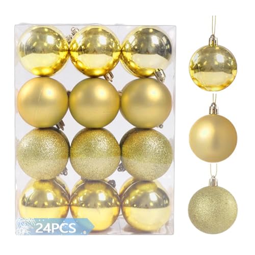 24PCS Shatterproof Christmas Balls Ornaments 4cm/1.57 Pre-Strung Hanging Xmas Tree Decorations 3 Styles for Christmas/Halloween/Wedding/Birthday Party (Gold)