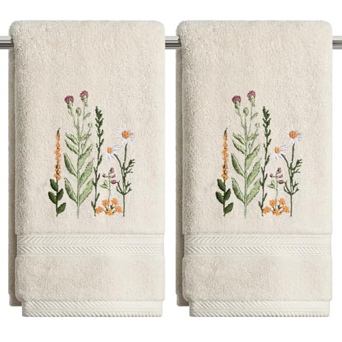 Artoid Mode 2 Pcs Beige Wildflower Floral Embroidered Hand Towels for Bathroom 100% Cotton Soft Absorbent Farmhouse Decor Towels 13.7 x 29.5 Inch