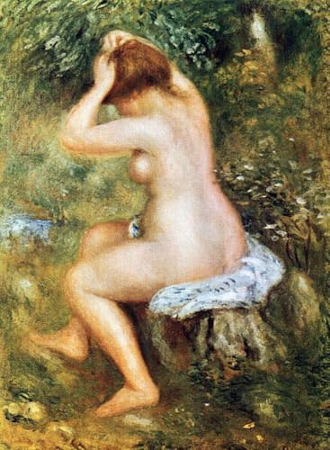 Peinture d'art baigneuse se coiffant sur toile : une oeuvre peinte à la main
