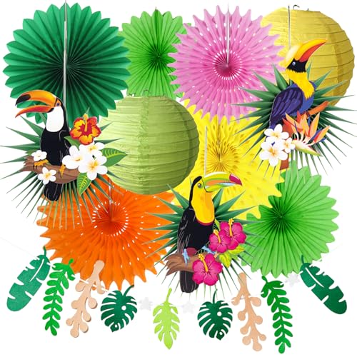 Decoration de Fête Rosace Papier Toucan Suspendu Deco en Papier Vert Rose Jaune Lanterne Chinois pour Anniversaire Tropical Chambre Maison Ete Hawaïen Summer...