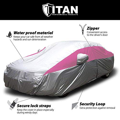 Titan Lightweight Car Cover Compatible with Camry, Mustang, Accord and More. Waterproof Car Cover Measures 200 Inches, Includes Driver Side Zippered Door. (Fuchsia)