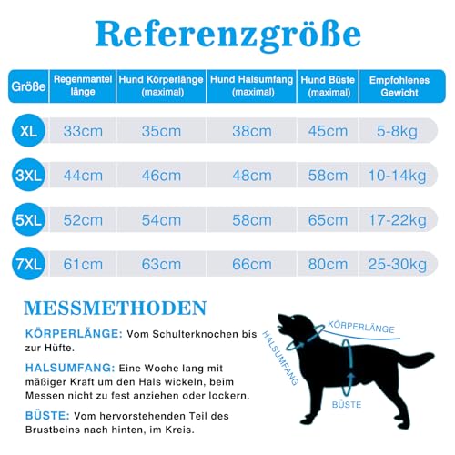 WUFANC Hunderegenmantel, Regenmantel Hund Wasserdicht mit Transparenter Kapuze, Regenjacke Hund mit Reflektierende Elemente, Verstellbarer Hals und Bauch, für Große, Mittelgroße und Kleine Hunde