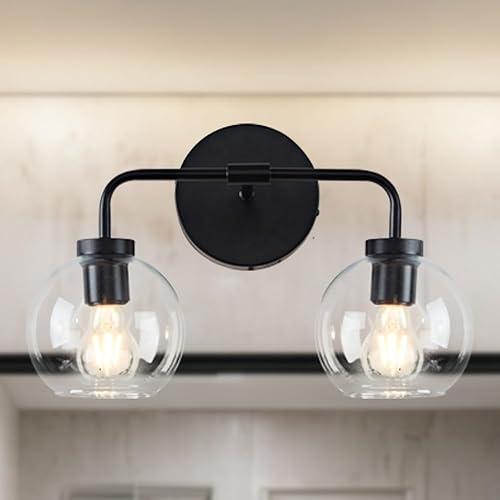 Matte Black - Pantalla de doble globo con acabado mate con detalles de latón, aplique de doble luz, vidrio soplado, marco de acero, espejo LED