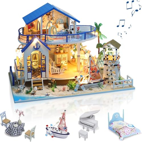 GuDoQi DIY Hölzernes Puppenhaus Kit, Miniatur Puppenhaus mit Möbeln und...