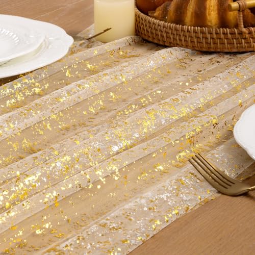 Image of MLMC 6Pcs Beige Gold Table Runner Sheer Gauze Glitter Metallic Foil Tulle Table Centerpieces 120 Inch 10 FT for Wedding Anniversary Holiday Dining Home Party Table Decor