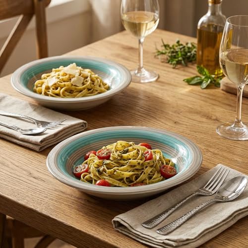 Image of Ceramic Pasta Bowls Set of 2 | 7 Inch Handmade Deep Soup Plates | Microwave Oven Safe Serving Bowls | Floral Hand-Painted Stoneware Salad Bowls (2, Turquoise & Grey)