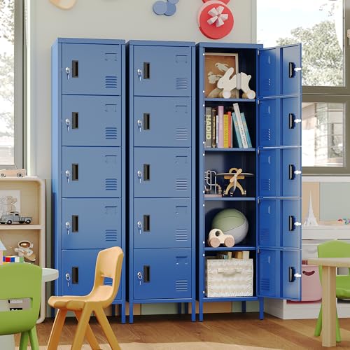 Image of Aobabo 16 inch W 5 Door Metal Storage Locker with Lock, 66 inch H Steel Locker with Name Card Holder and Metal Leg for School, Home, Office, Playroom, Assembly Required, Blue