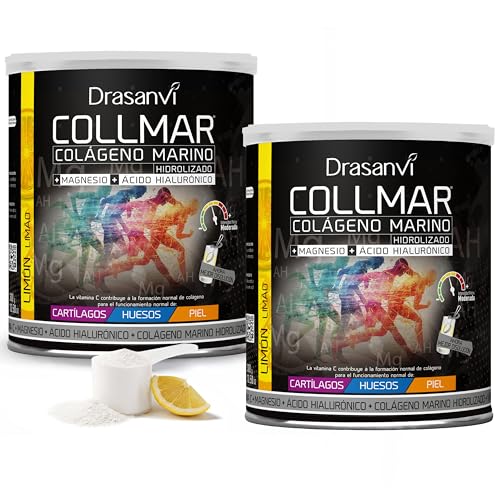 Drasanvi Pack COLLMAR Colágeno Marino Hidrolizado con Ácido Hialurónico, Magnesio y Vitamina C | Cartílagos, Huesos, Piel | Alta Dosis 9.717 mg/dia | 300g Polvo X 2=56 Días | Sabor Limón | 2 unidades