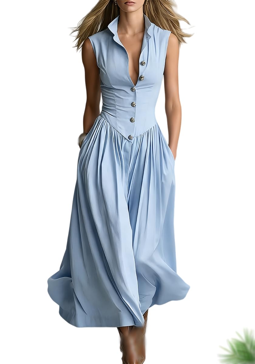 Generico Abito Lungo da Donna Senza Maniche con Colletto a Revers, vestibilità Slim, Patchwork, Elegante, con Scollo Aderente e Gonna fluida a Balze, Perfetto per Il Sole.