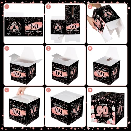 Image of Funrous 60th Birthday Party Message Card Box Cheers to 60 Years Black Rose Gold Advice and Wishes Greeting Card Box for Men Women Birthday Decorations Party Supplies Anniversary Tables Sign Decor