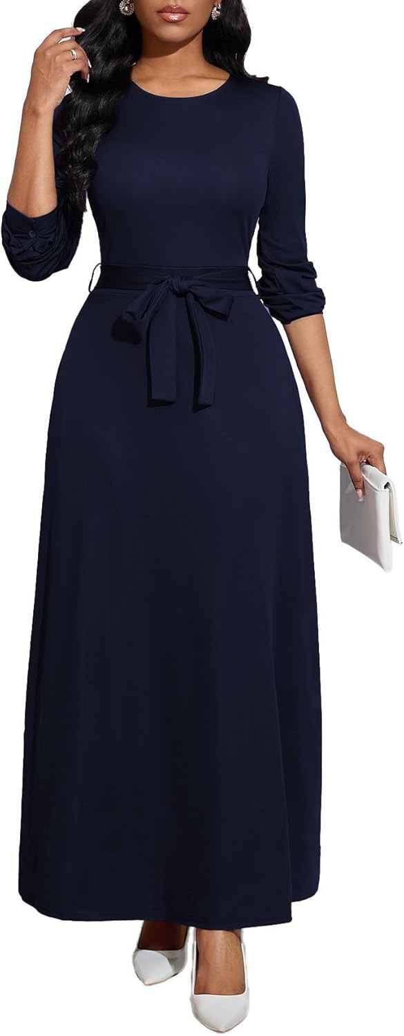 Women's Casual Long Sleeve Dresses Round Neck Maxi Dress Empire Waist Plus Size Flowy Long Dresses(Dark Blue,X-Large)