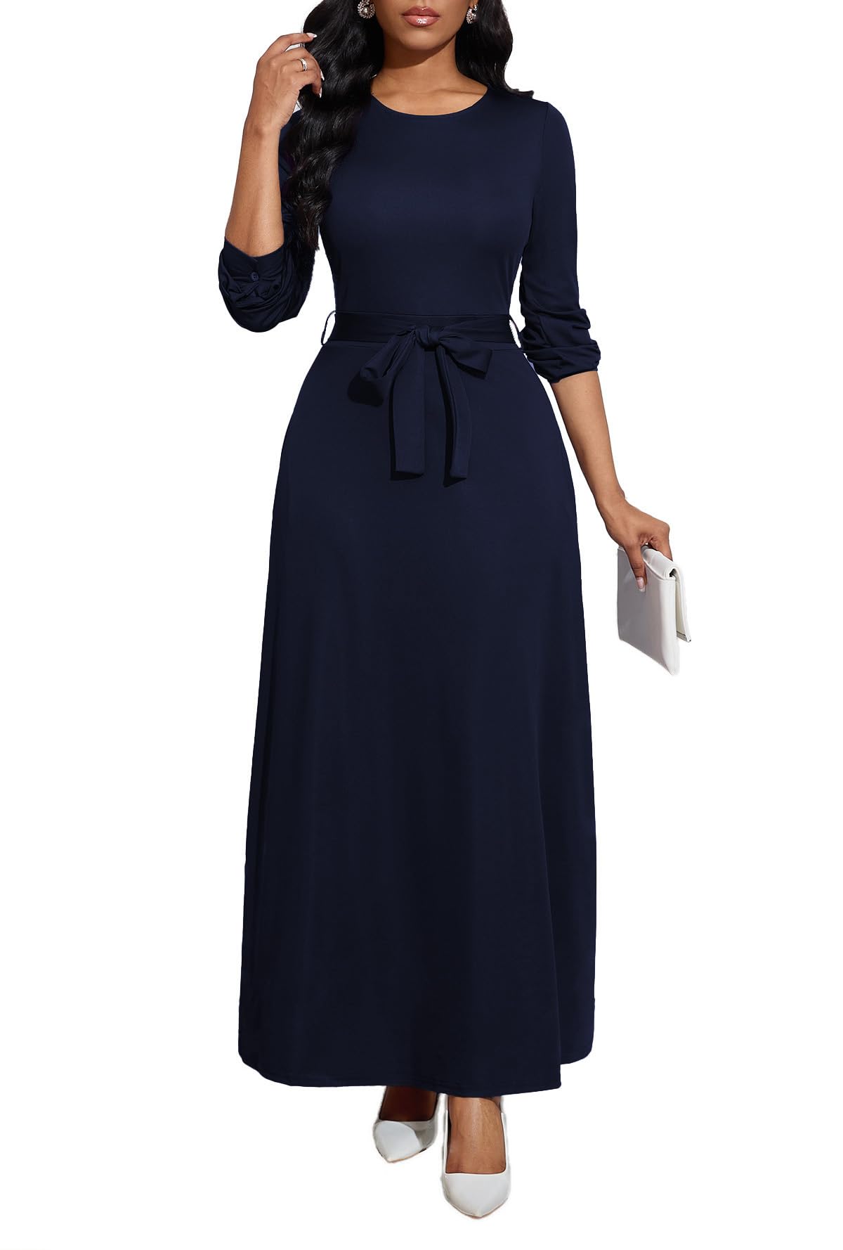 BubFee Long Dress for Women Casual Long Sleeve Dresses Maxi Dress Empire Waist Loose with Belt