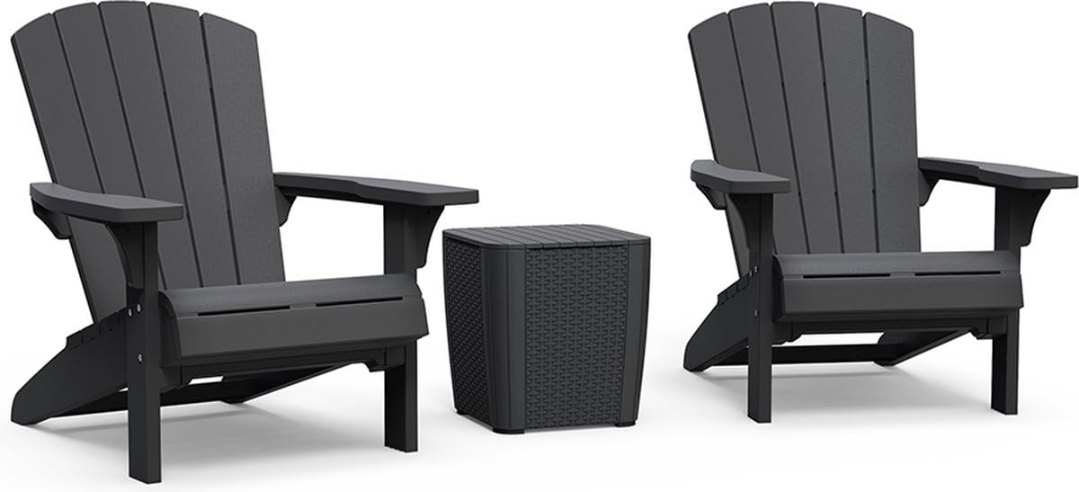 Keter Gartenlounge-Set - 2X Troy Adirondack Gartenstuhl mit Luzon Beistelltisch, Wetterfest, Holzoptik, Graphit, 85x80x96,5cm